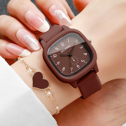 5PCS Fashion Square Women Quartz Watch Heart Jewelry Set Casual Silicone Strap Ladies Wristwatches Relogio Feminino (Without Box