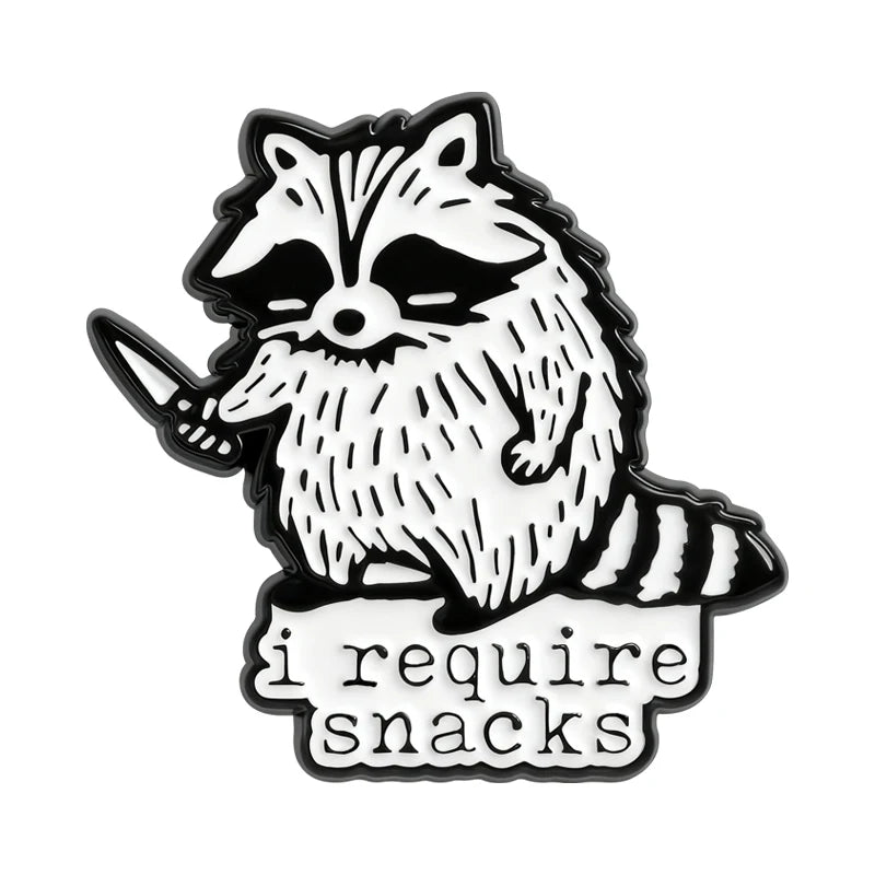 I Require Snacks Enamel Pins Cartoon Trash Panda Raccoon Brooches Lapel Badges Funny Animal Jewelry Gift for Kids Friends
