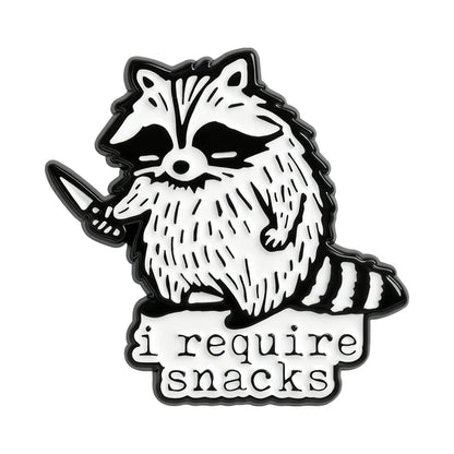 I Require Snacks Enamel Pins Cartoon Trash Panda Raccoon Brooches Lapel Badges Funny Animal Jewelry Gift for Kids Friends