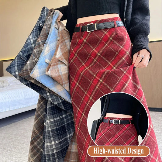 Plaid Woolen Skirts Women New Fashion 2026 Autumn Winter High Waisted Straight Midi Skirts Woman Preppy Style Retro Long Skirt
