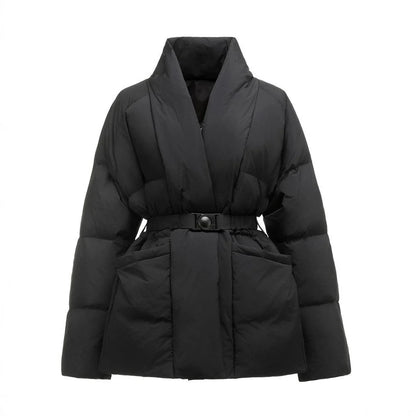 New Fashion Temperament Cotton Coat Women Winter Warm Solid Color V-neck Gathered Waist Jacket Coats Parkas with Belt