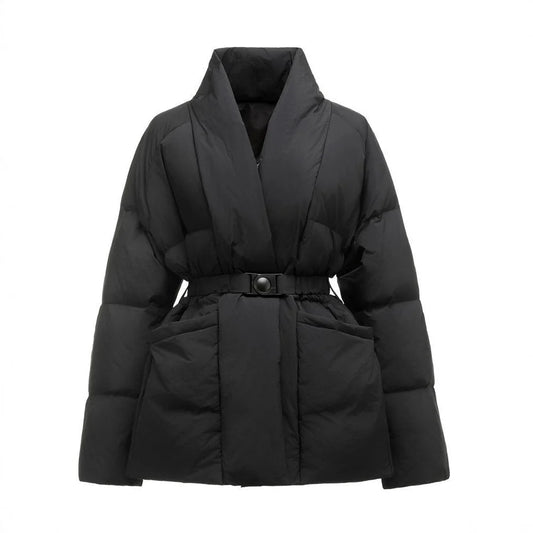 New Fashion Temperament Cotton Coat Women Winter Warm Solid Color V-neck Gathered Waist Jacket Coats Parkas with Belt