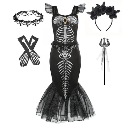 2-10Yrs Girls Halloween Party Skeleton Print Mermaid Princess Dress Gothic Style Black Trumpet Skirt Siren Ariel Cosplay Costume