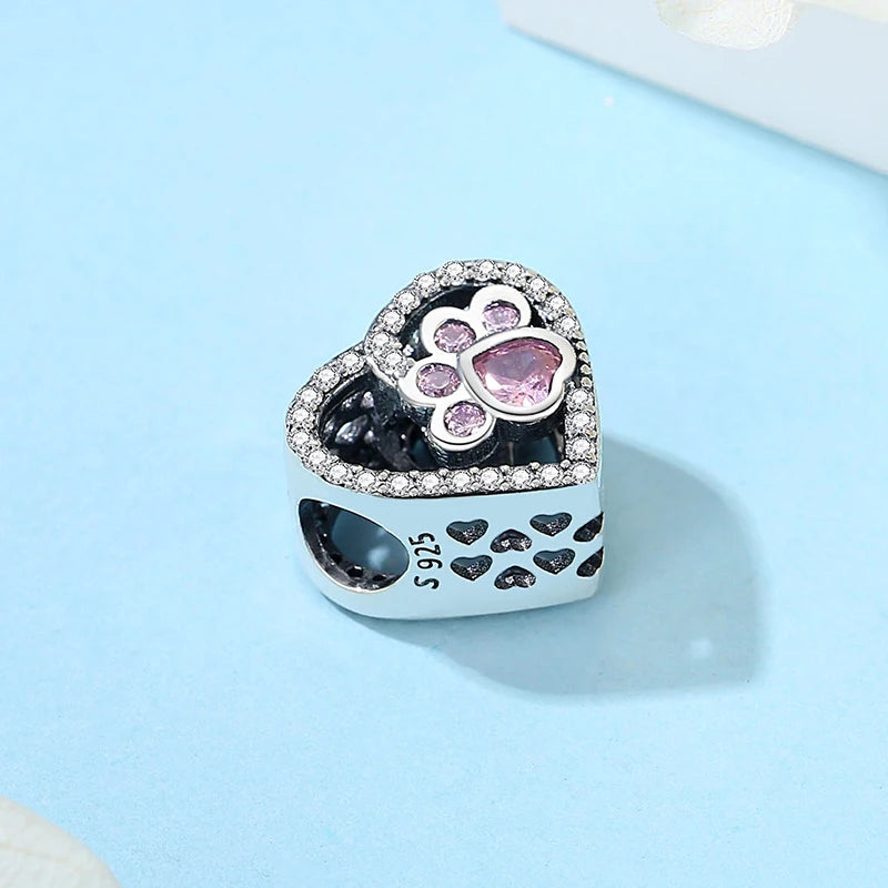 Original 925 Sterling Silver Charms Love Pets Dog Cat Paw Print Pendant Beads Fit Brand Bracelets Necklaces Women DIY Jewelry