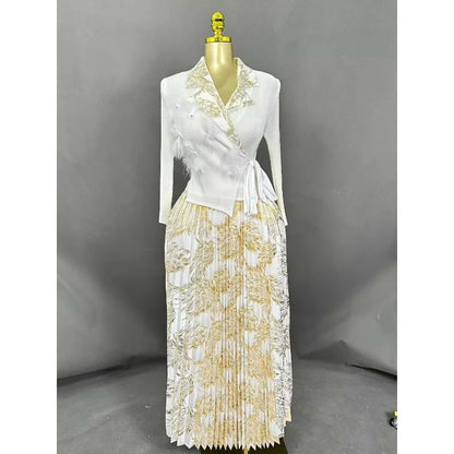 Miyake Europe New Women's Big Size Dress Fashion Feather Nail Drill Suit Collar Women Loose Pleated Long-sleeved Long Dresses