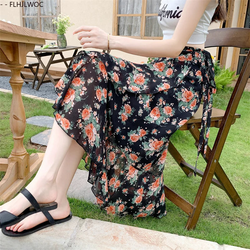 2025 Chic Korea Clothes Summer Women Cute Sweet GIrl Floral Robe Holiday Date High Waist Retro Vintage One-Piece Lace-Up Skirts