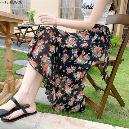 2025 Chic Korea Clothes Summer Women Cute Sweet GIrl Floral Robe Holiday Date High Waist Retro Vintage One-Piece Lace-Up Skirts