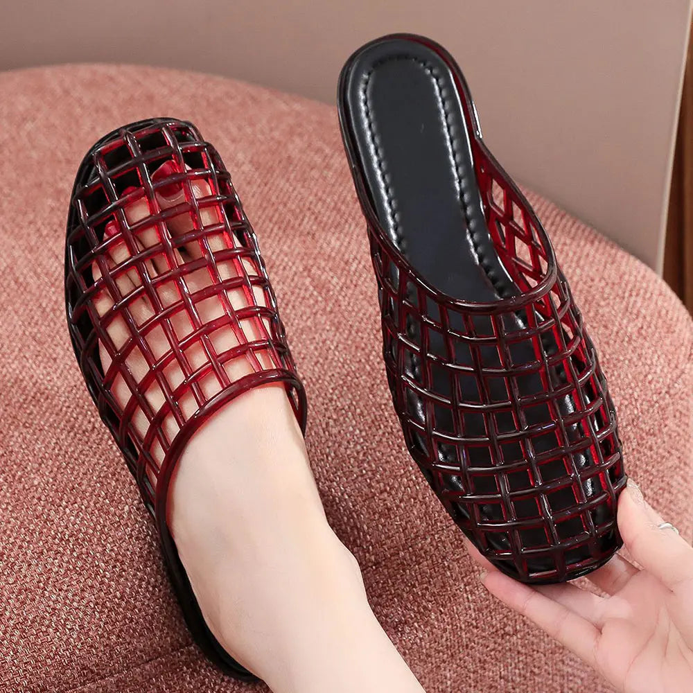 Design Mesh Jelly Shoes Hollow Round Toe Beach Shoes Comfy Fashion Transparent Sandals Women Summer New Weave Flat Jellies Shoes