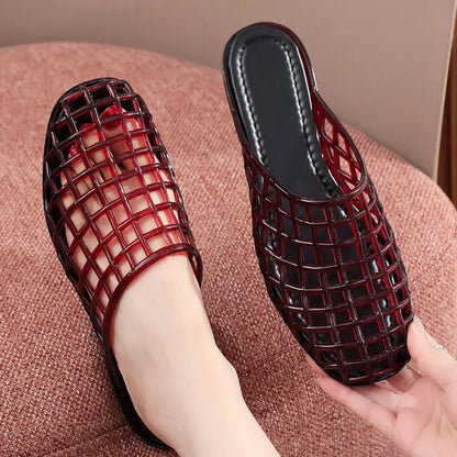 Design Mesh Jelly Shoes Hollow Round Toe Beach Shoes Comfy Fashion Transparent Sandals Women Summer New Weave Flat Jellies Shoes