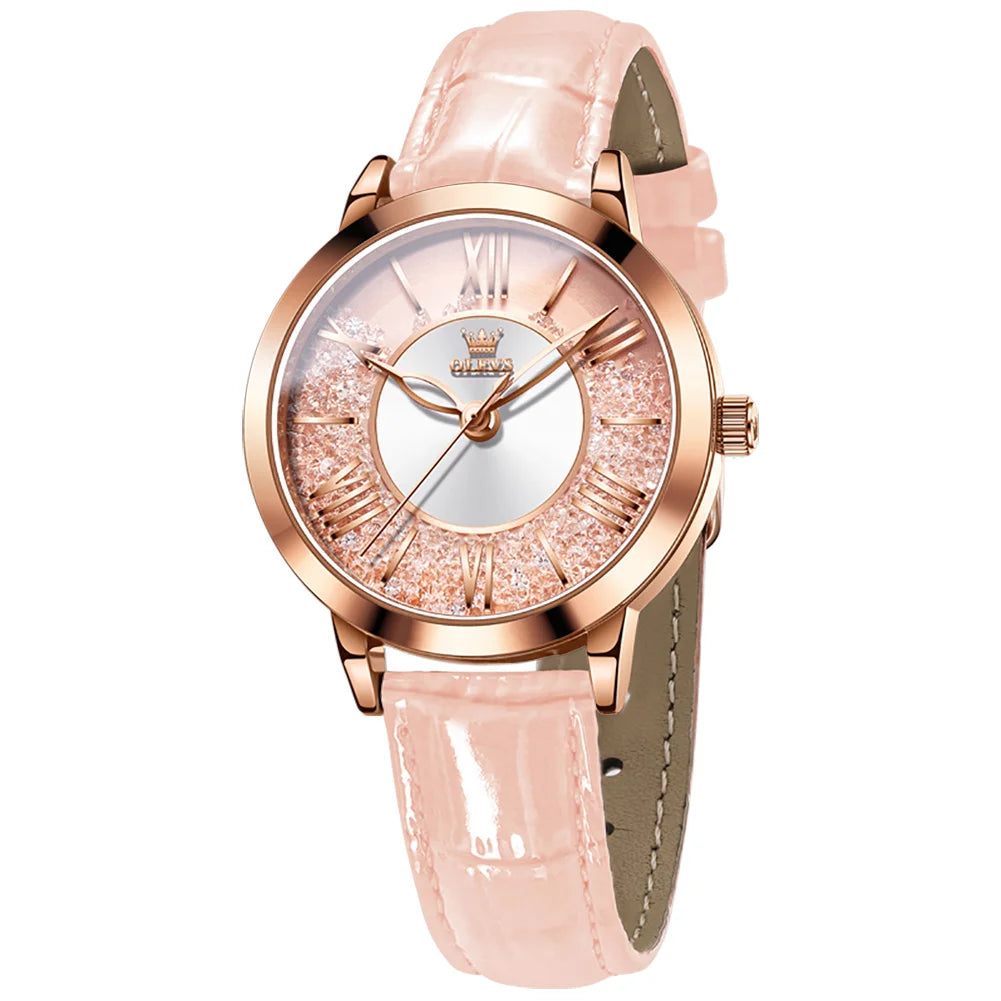 OLEVS Original Pink Leather Watch for Women Elegant Quartz Movement Waterproof Vintage Classic Watch Relojes para Mujer 5539