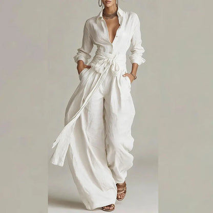 Sexy Single Breasted Lapel Top & Long Pants Sets Woman Casual Solid High Waist Lace-up Outfit Spring Long Sleeve Two Piece Suits