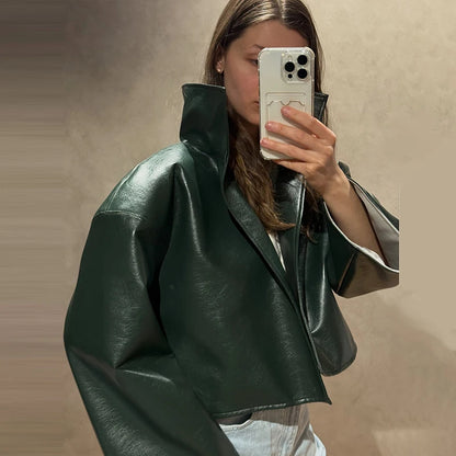 Street Waist Cinched Women's Leather Jacket Vintage Drawstring Stand Neck Zipper Pocket Jackets 2026 Autumn Moto Biker Outwear