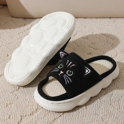 Kidmi Cute Kitty Women Slippers Fashion Breathable Indoor House Slippers Sweat-absorbing Linen Antiskid Slippers Casual Slippers