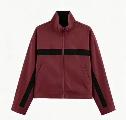 Beige Black Colorblock Zip Collar Crop Women Jacket Sporty Lapel Loose Outerwear Spring Autumn Daily Street Dating Outfit Coat