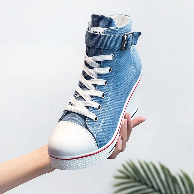 High Top Canvas Women Wedge Shoes Women's Denim Ankle Lace Up Ladies Ankle Canvas Shoes Woman 8cm Heels Sneakers