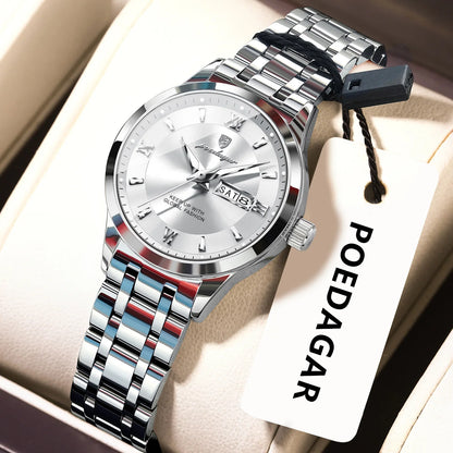 POEDAGAR Luxury Watch For Ladies Luminous Waterproof Stainless Steel Ladies Wristwatch Quartz Week Date Women Watches Female+Box