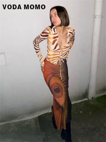 Retro Y2k Fairy Grunge Clothing Summer Trend Sexy Eye Print Midi Skirts Women Harajuku High Waist Goth Dark Tie Dye Long Skirt