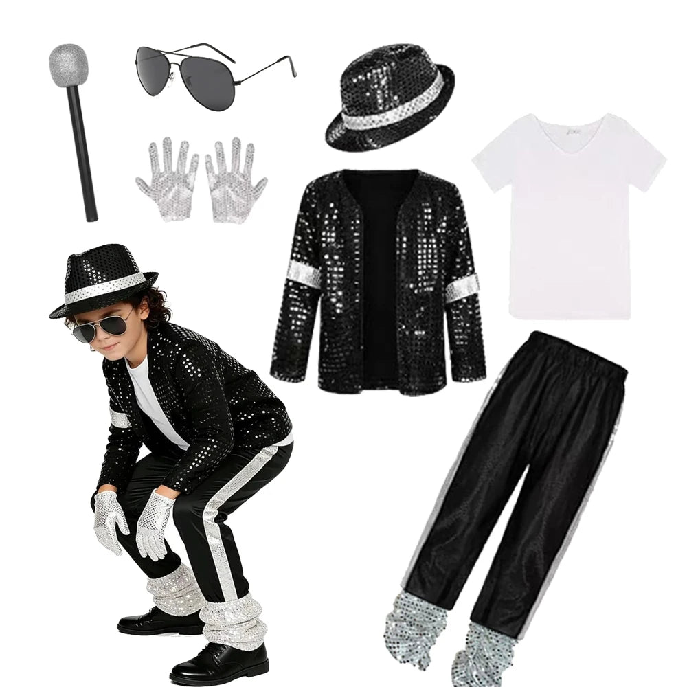 Boys Superstar Michael Jackson Costume Singer Outfit Halloween Stage Performance Carnival Dance Cosplay Party Costume