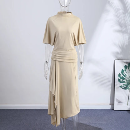 Elegant Irregular Hem Skirt Set Women Short Sleeve Half High Collar Top Loose Long Skirt 2026 Summer Lady New Casual Chic Outfit