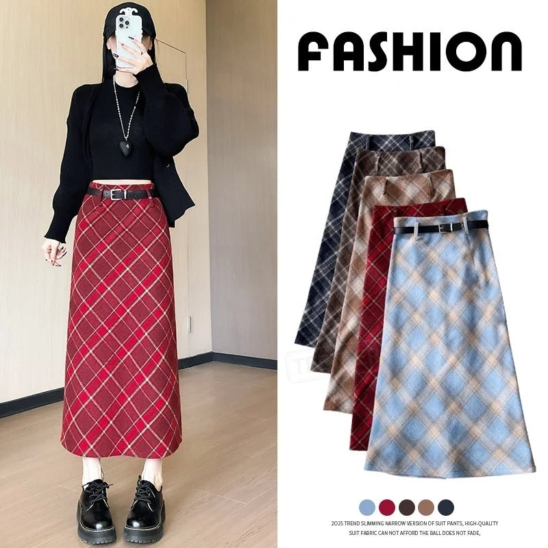 TFETTERS Women Christmas Red Plaid Midi Skirt Autumn Winter Woolen A Line Long Skirt High Waist Vintage Check Straight Skirt