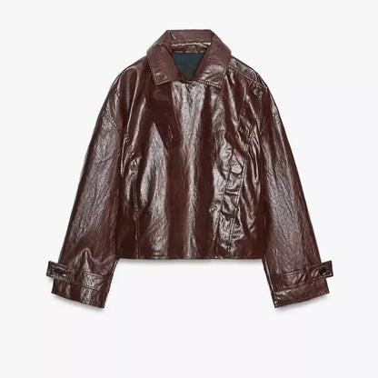 Fashion Stand Collar Women's Leather Jacket Loose Aasymmetric Zipper Buttons Full Sleeve Coat 2026 Spring Lady Biker Streetwear