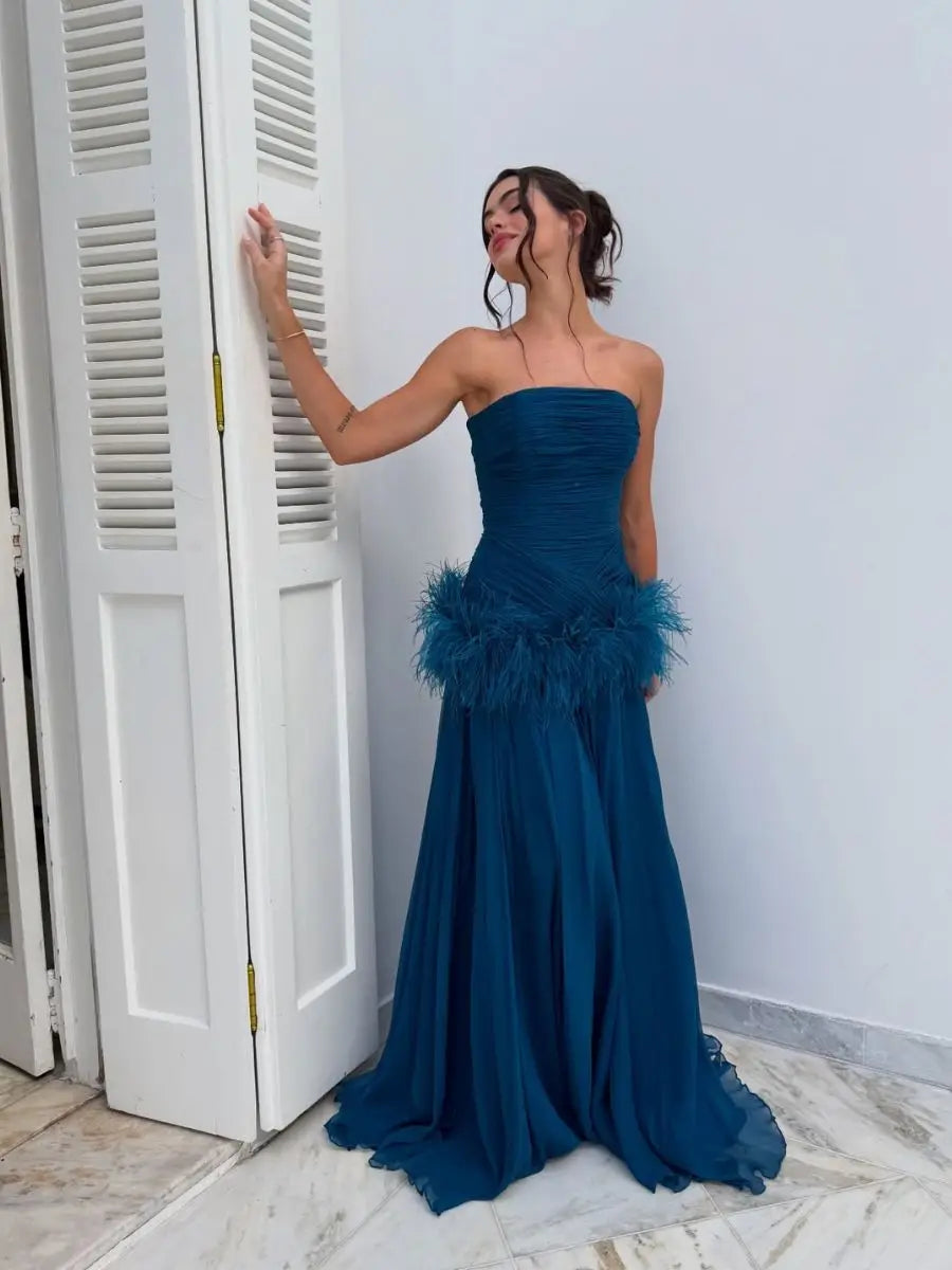 Empire Strapless Sleeveless Evening Gown Wedding Guest Gown Waist Ostrich Feather Trim Back Zip Bridesmaid Dress Custom Color