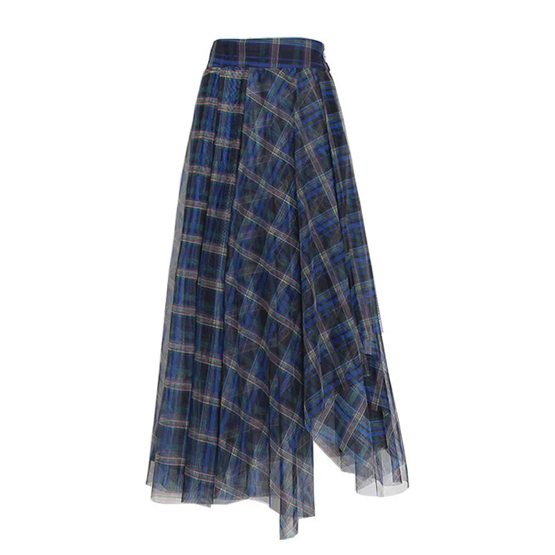 Women's High Waist Plaid Tulle Spliced Skirt Irregular Hem Design Sense Elegant Female Mid‑Length Skirts Office Party Faldas