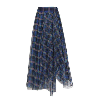 Women's High Waist Plaid Tulle Spliced Skirt Irregular Hem Design Sense Elegant Female Mid‑Length Skirts Office Party Faldas