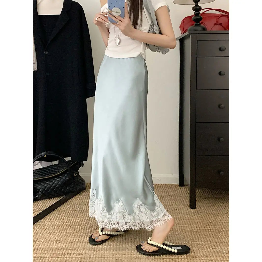 Elegant Long Skirts for Women Summer High Waist Lace Satin Skirt Women's A-line Korean Fashion Solid Color Loose Women's Skirt