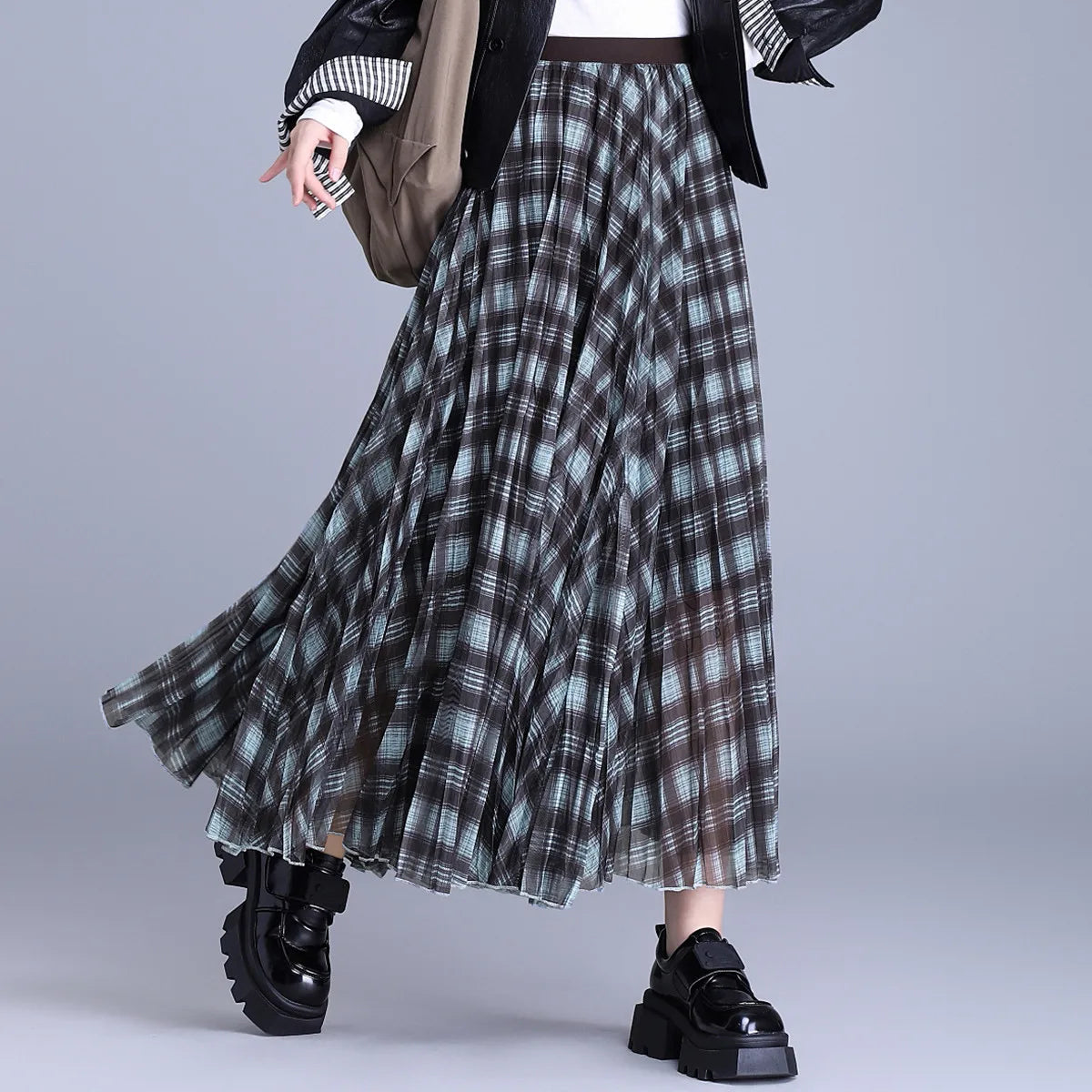 LOUISYAO Contrast Color Plaid Long Skirt Women 2025 Autumn High Waisted Elastic Waist A Line Midi Skirt Casual Bottoms
