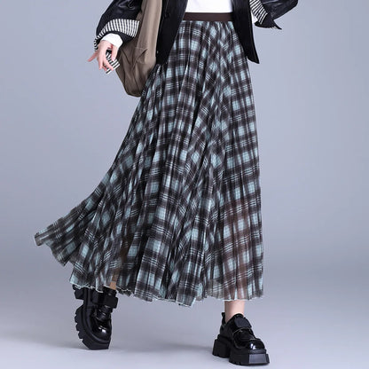LOUISYAO Contrast Color Plaid Long Skirt Women 2025 Autumn High Waisted Elastic Waist A Line Midi Skirt Casual Bottoms