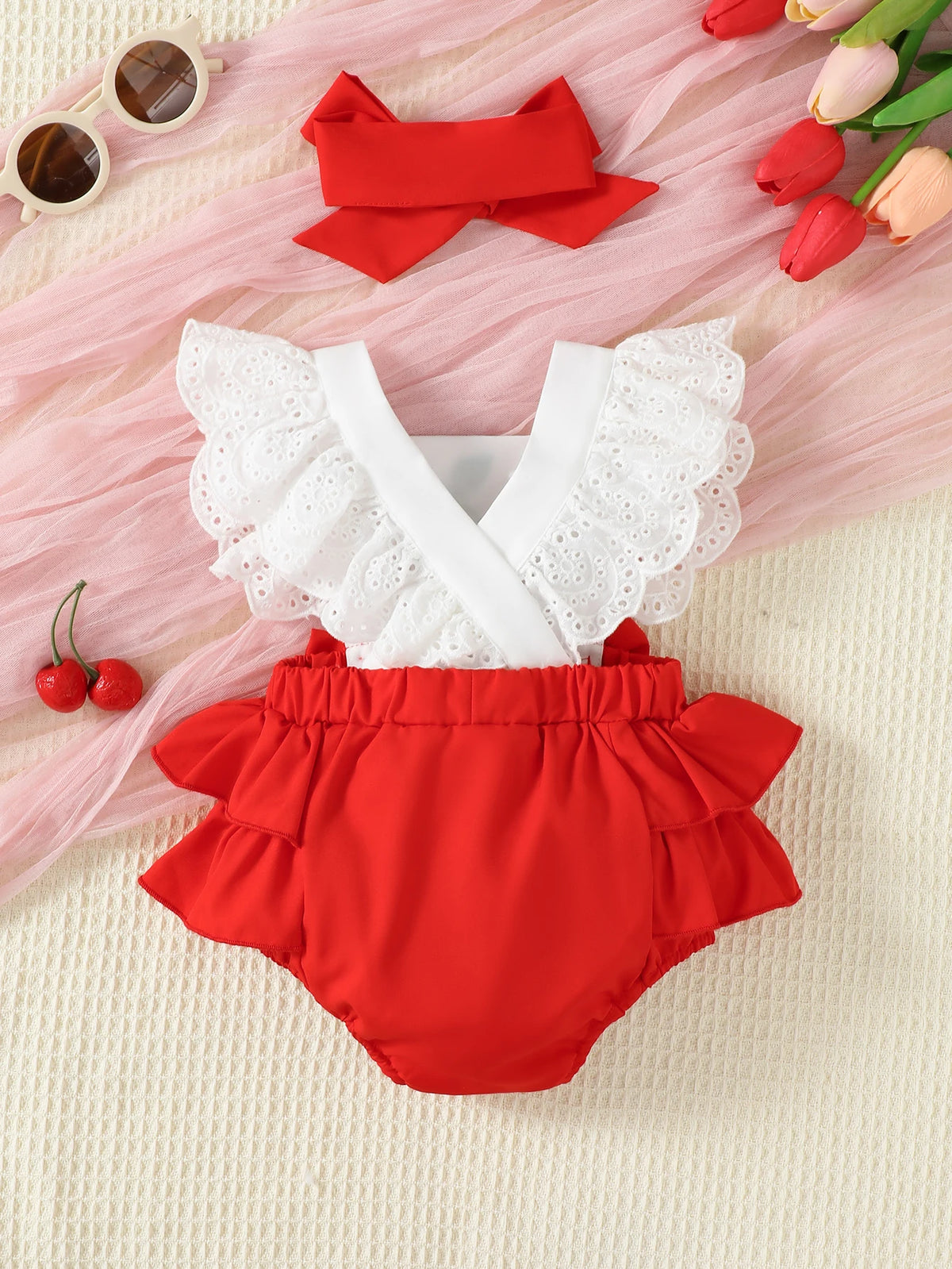 0-18M Baby Girl Bodysuit Set Summer 2PCS Cherry Outfit Lace Ruffle Sling Romper+Red Bow Headband Newborn Infant Clothing Outfits