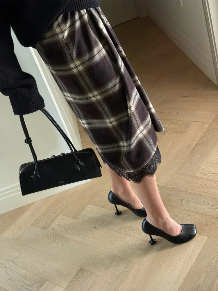 Chic Plaid Checked Midi Skirt Women Casual Pleated Slim High Waist Mid-length Bottom Skirts 2025 Office Commute Daily Wear New