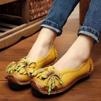 Genuine Leather Ballet Flats Women's Slip On Loafers Vintage Handmade Flower Soft Muffin Platform Casual Walk Dress Shoes Woman