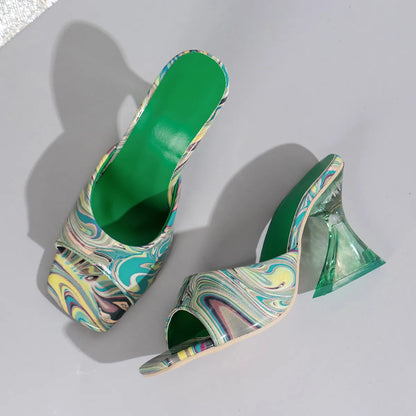 Women High Heels Slippers New Summer Mix Color Graffiti Sandals Open Toes Squared Toes Transparent Fashion Sandals Slides Women