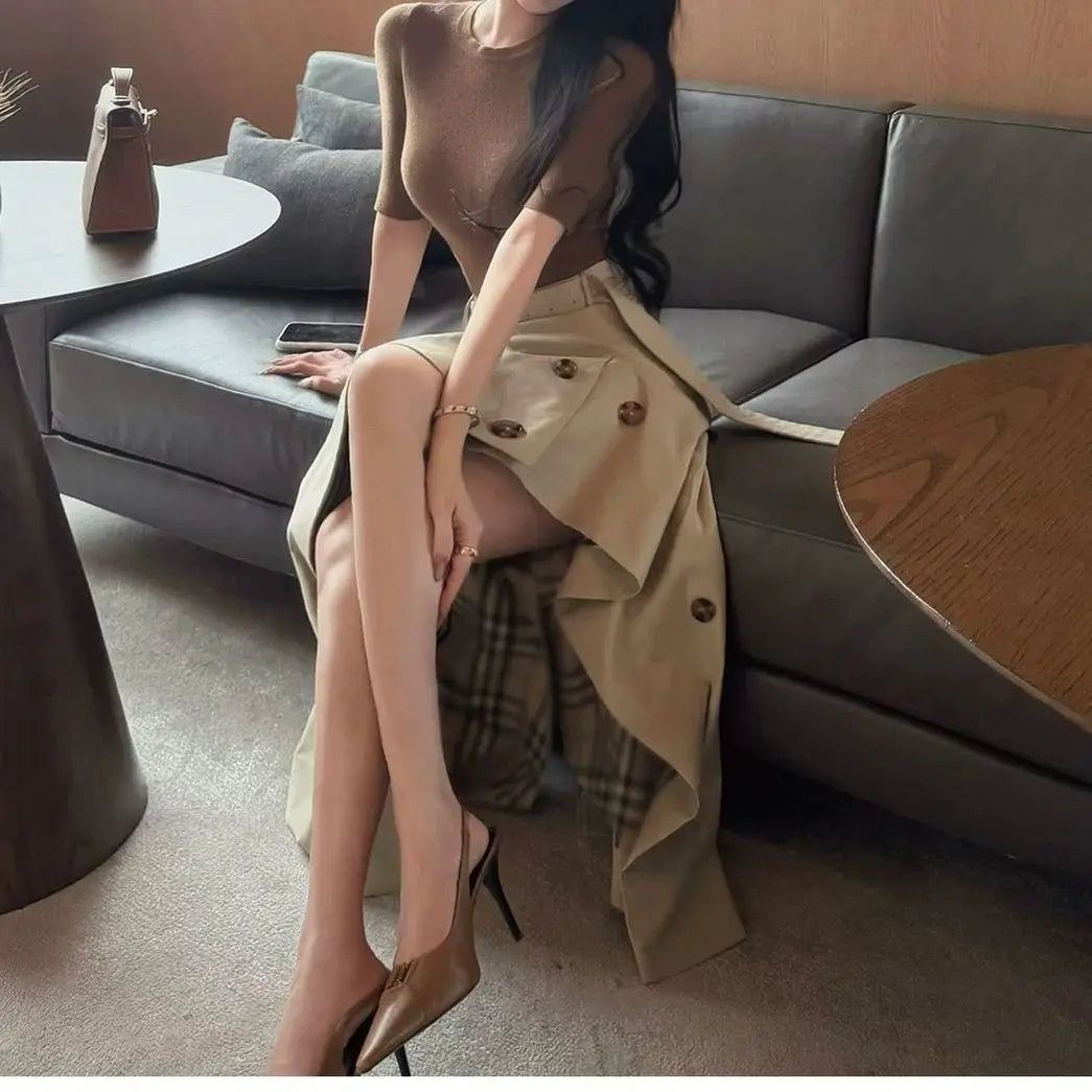 High-end British-style Design High-waisted Asymmetrical Large Size Skirt Plaid A-line Umbrella Skirt