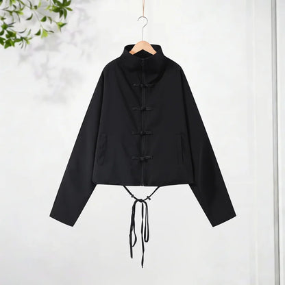 Casual Zipper Shirt Pants Suit Women Solid Button Stand Collar Drawstring Shirts Loose High Waist Trousers 2026 Spring Set Lady