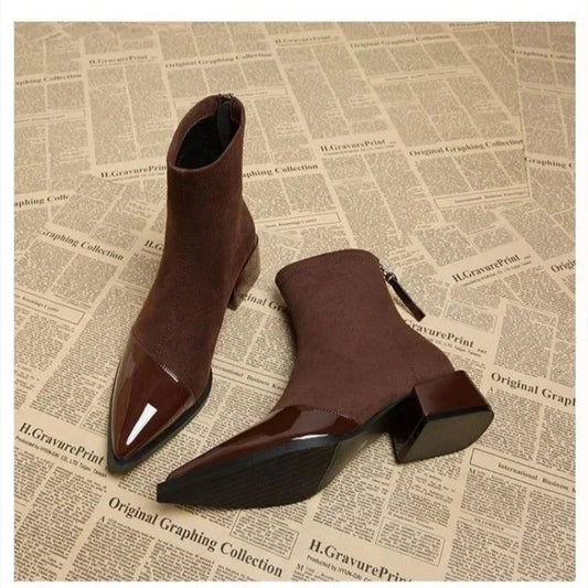 Women's 2025 New Autumn and Winter Fashion Retro Pointed Ankle Boots with French Temperament High Heels and Zipper Short Boots