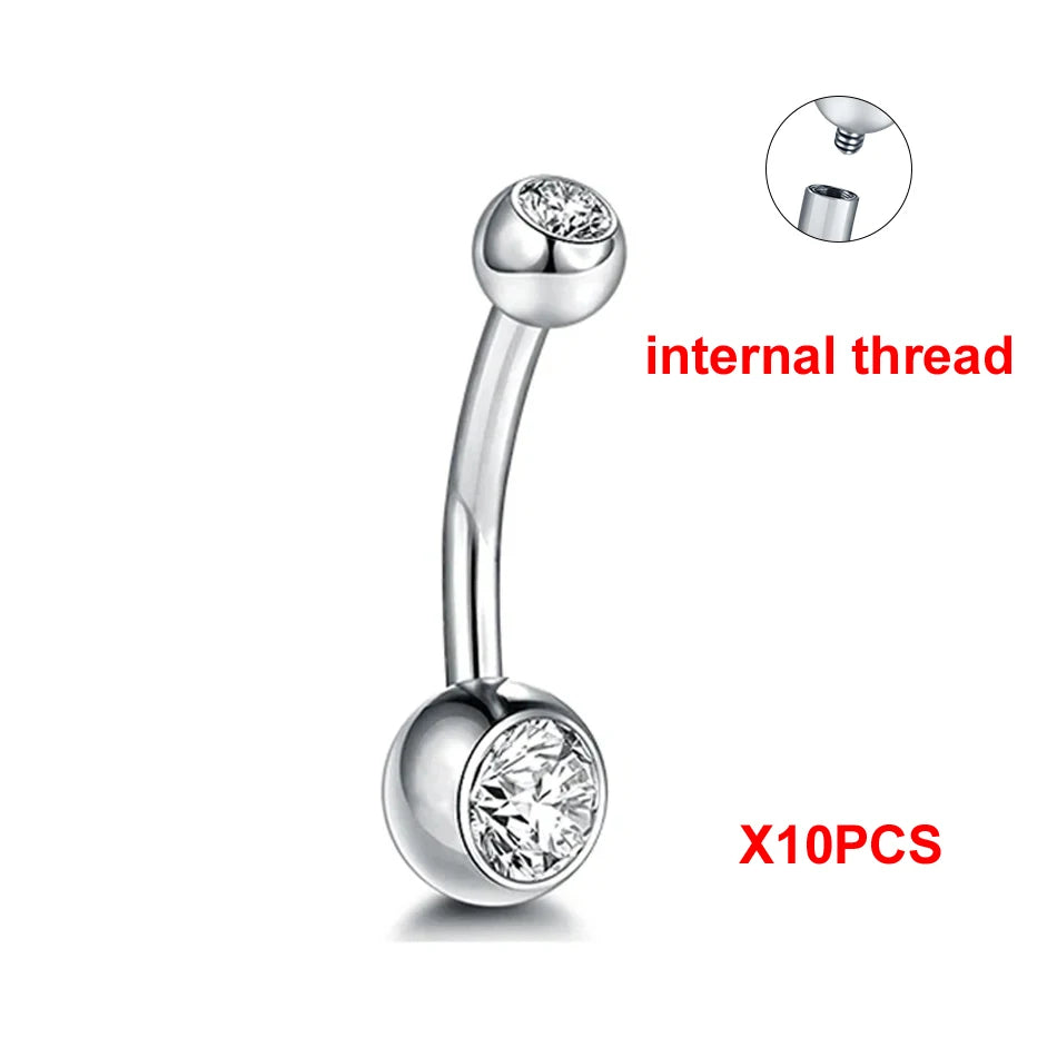 10Pcs/lot G23 Titanium Belly Button Rings Crystal Navel Barbell Rings Belly Piercing Jewelry for Sexy Women Navel Piercing 14G