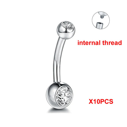 10Pcs/lot G23 Titanium Belly Button Rings Crystal Navel Barbell Rings Belly Piercing Jewelry for Sexy Women Navel Piercing 14G