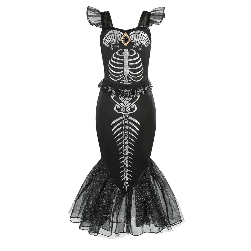 2-10Yrs Girls Halloween Party Skeleton Print Mermaid Princess Dress Gothic Style Black Trumpet Skirt Siren Ariel Cosplay Costume