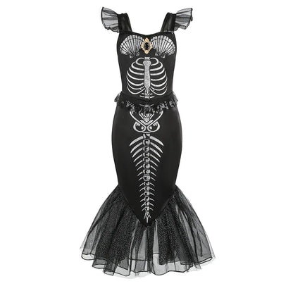 2-10Yrs Girls Halloween Party Skeleton Print Mermaid Princess Dress Gothic Style Black Trumpet Skirt Siren Ariel Cosplay Costume