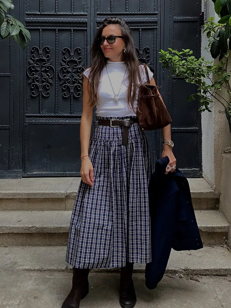 Women's Checked Pleated Skirt with Waist Detail