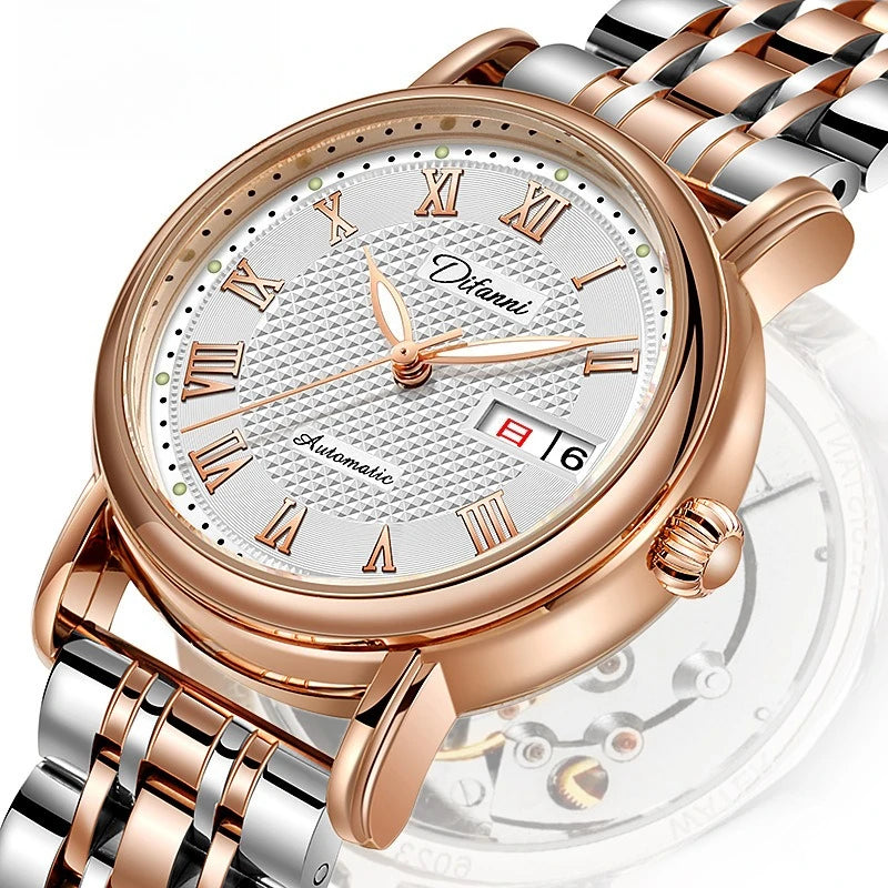 Stainless Steel Roman Dial Day-Date Luminous Waterproof Self-Wind Automatic Mechanical Watch for Women