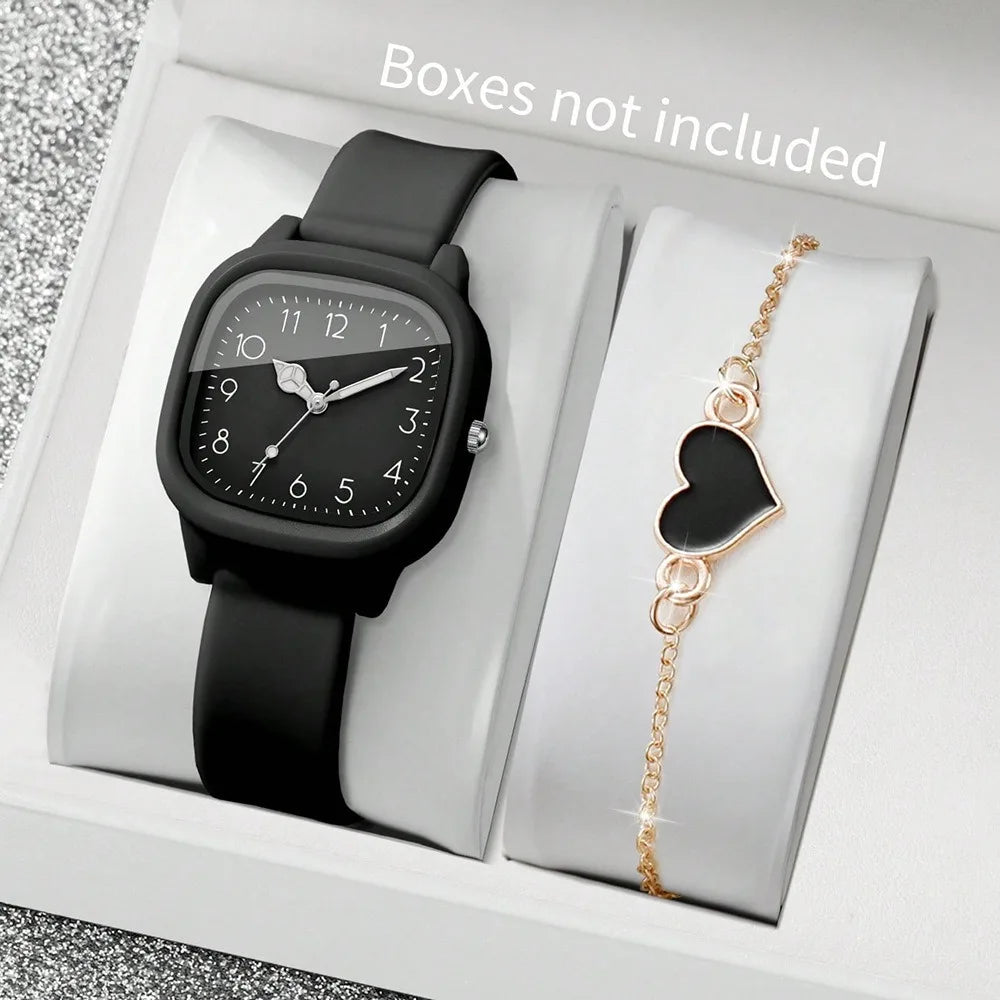 2PCS/Set Square Dial Women Quartz Watch Silicone Strap Quartz Movement Women Watch Heart Bracelet Arabic Dial Watch Women Girl