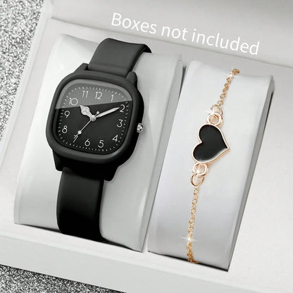 2PCS/Set Square Dial Women Quartz Watch Silicone Strap Quartz Movement Women Watch Heart Bracelet Arabic Dial Watch Women Girl