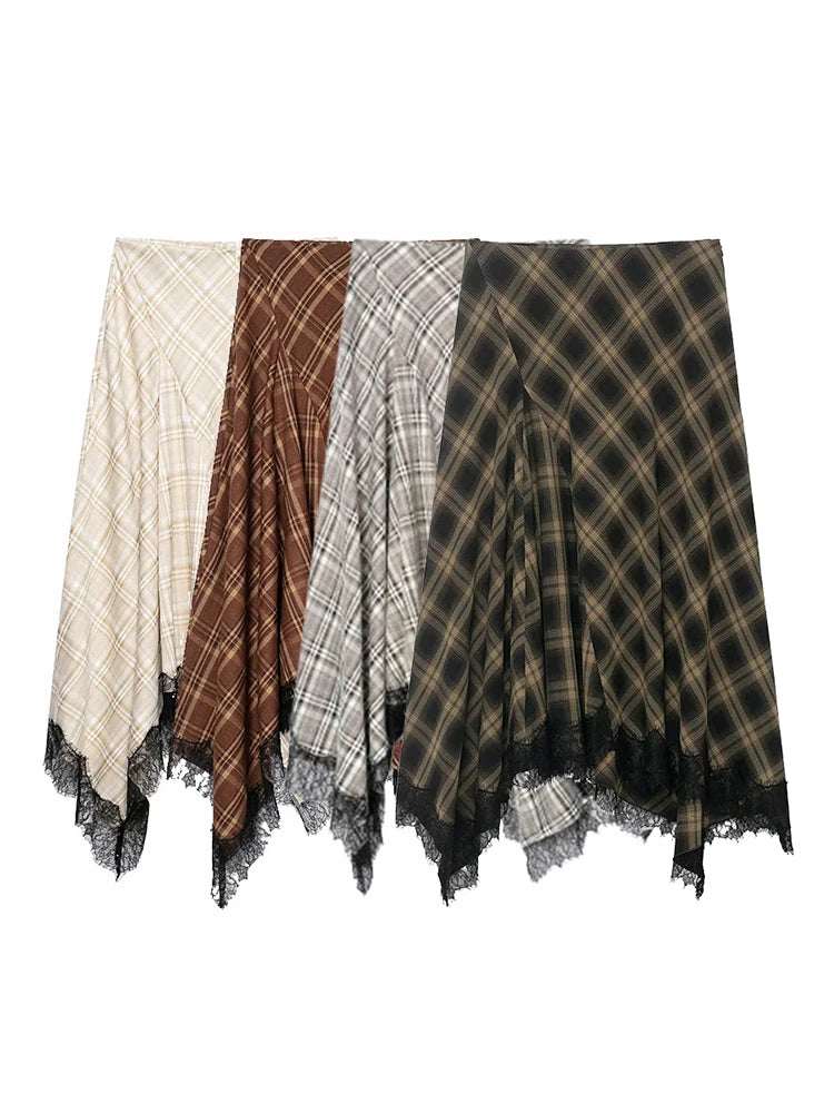 Women Vintage Chic Midi Skirt Elegant Women Plaid Lace Long Skirt New Summer  Commute Dinner Party Lady Skirt