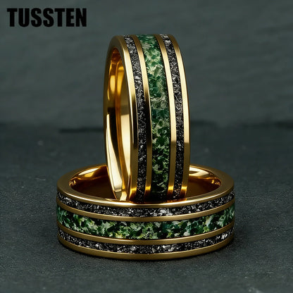 TUSSTEN 8MM Men's and Women's Wedding Tungsten Ring Inlaid Moss Agate And Meteorolite Inlay Comfortable Fit