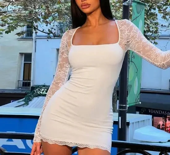 Women's Dresses New Fashion Sexy Lace Splicing Slimming Square Neck Long Sleeve Dress Spring Summer Female Sweet Spicy Dresses