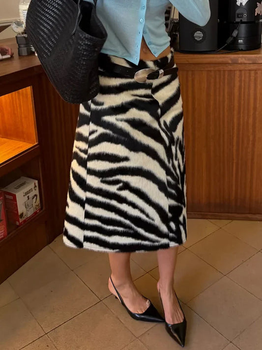 Women's Zebra Print Midi Skirt High Front Zipper Split Faux Wool Blend Skirts 2026 new Autumn Casual Daily Streetwear Plush Fall